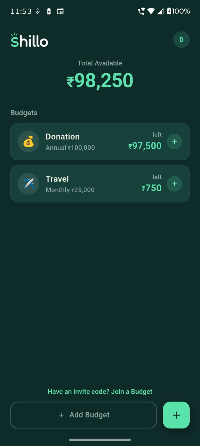 Shillo home screen with budgets